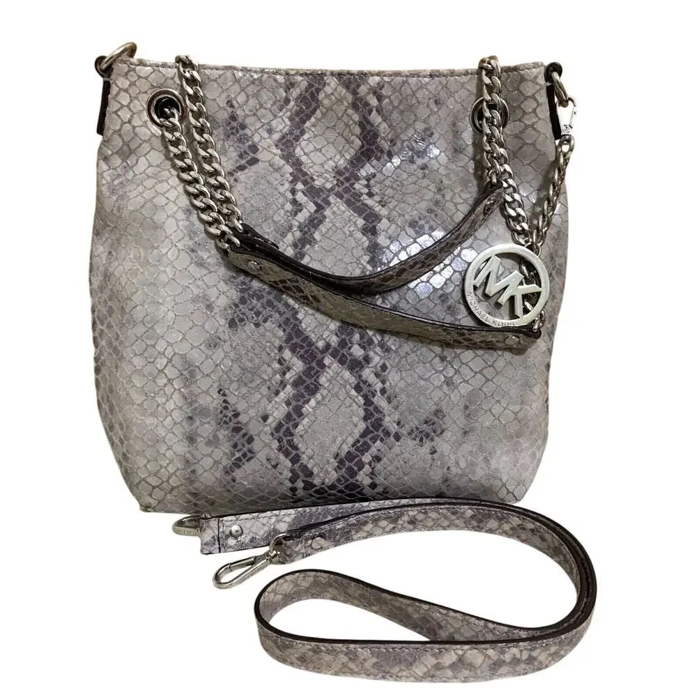 MICHAEL KORS JET SET Gray Python Leather North South Convertible Chain Hobo